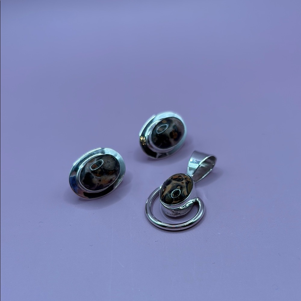 Dalmation Jasper and Sterling Silver Earrings and Pendant Set